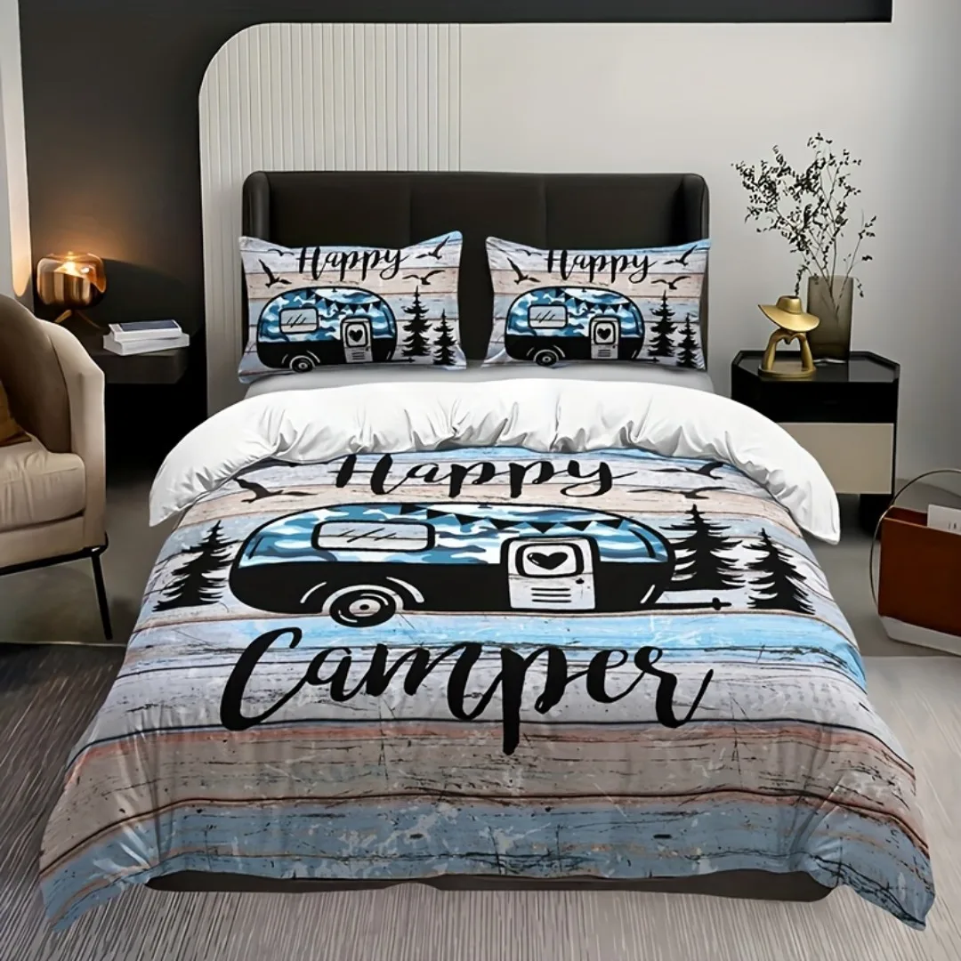 3-teiliges blaues Happy Camping Winnebago 3D-gedrucktes Bettwäsche-Set, gemütlicher Bettbezug, King-Size-Bett, Twin-Size-Geburtstagsgeschenk, Schlafzimmer-Dekoration
