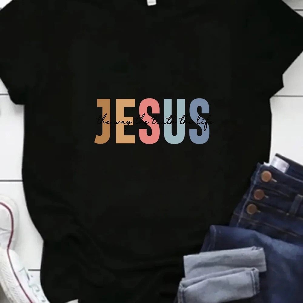 Jesus The Way The Truth The Life Short-sleeved T-shirt Retro Distressed Letter Graphic Crew Neck Top for Christian Believers