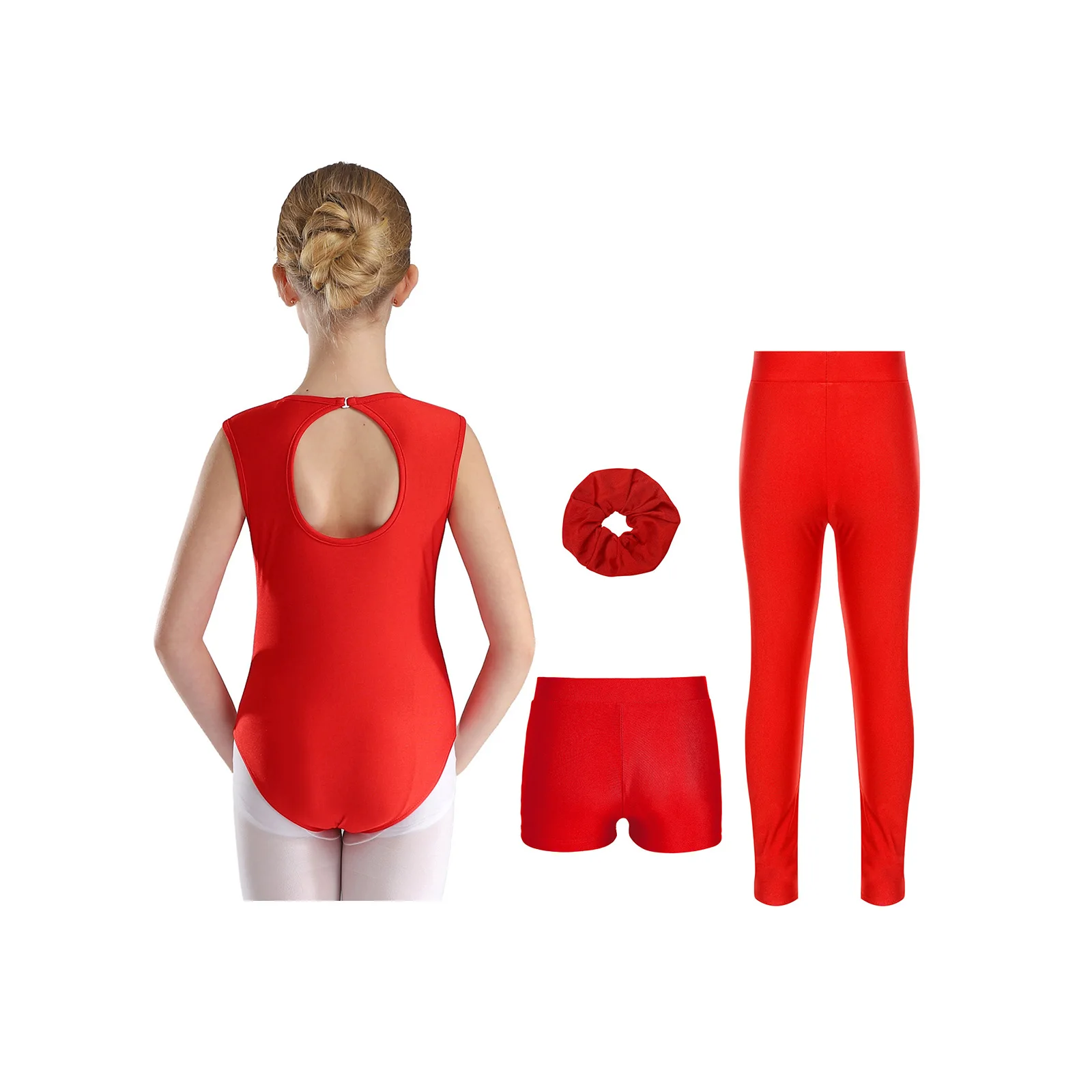 Set da ballo per pattinaggio di figura per bambina, body patchwork senza maniche con strass scintillanti con pantaloncini a V, leggings e copricapo