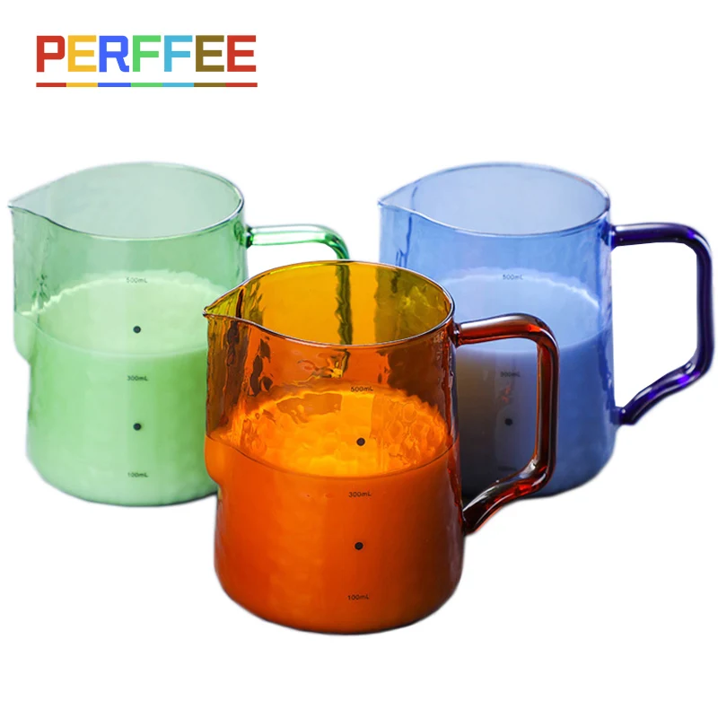 Glass Milk Frother Jug Colorful Milk Pitcher Coffee Latte Milk Frothing Jug Pitcher Espresso Milk Jug Barista 20oz/600ML