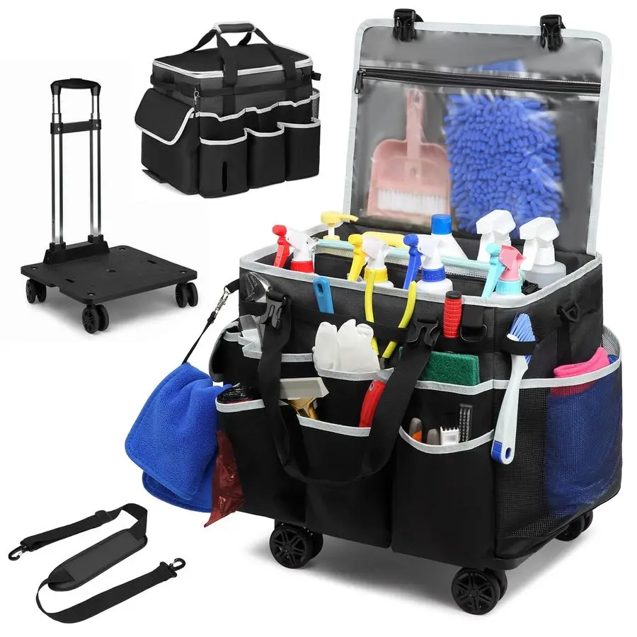 

Rolling Cleaning Caddy Bag with Detachable Trolley, Full Support Plates for Professional Cleaning Supplies Bag, Organizer Bag wi