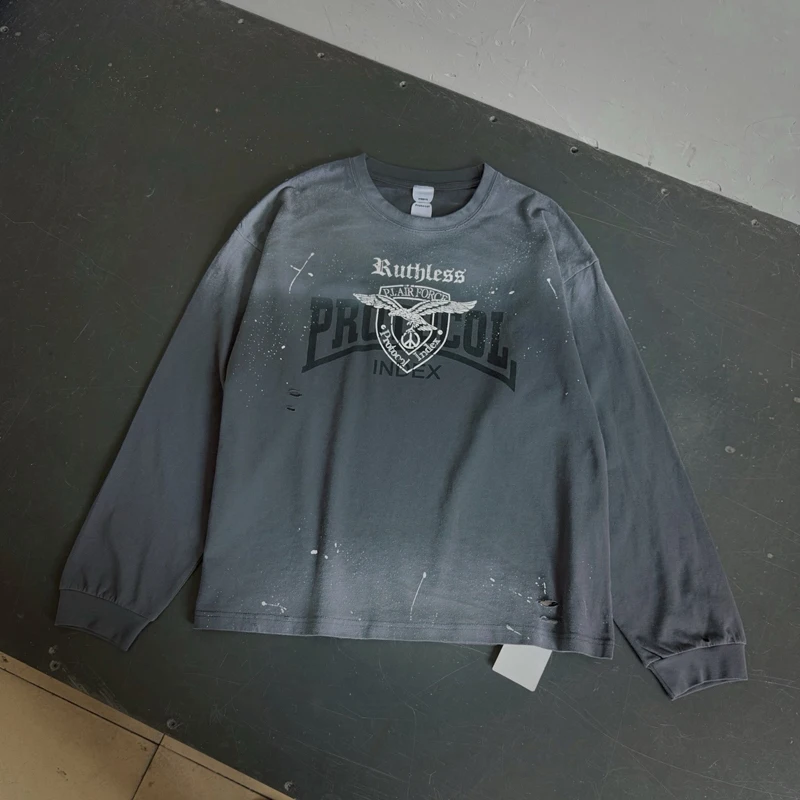 Splashed Ink Washed Hole Damaged Protocol Index Eagle Print T Shirt Men Women High Quality Round Neck Long Sleeve T-shirt