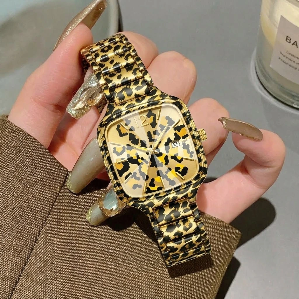 Ladies square leopard print watch, multi-section splicing strap, trendy and cool personality style