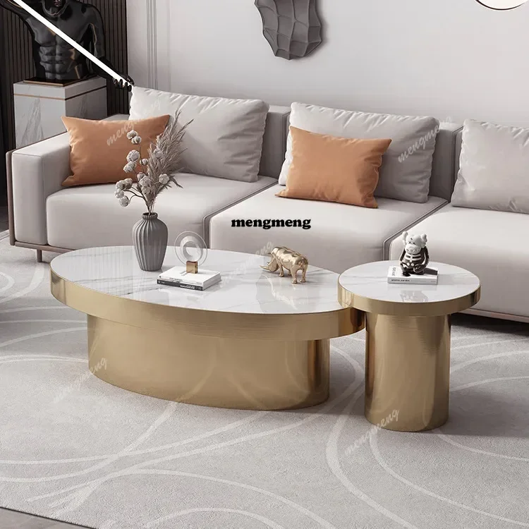 Classic Italian light luxury rock slab coffee table oval modern simple stainless steel