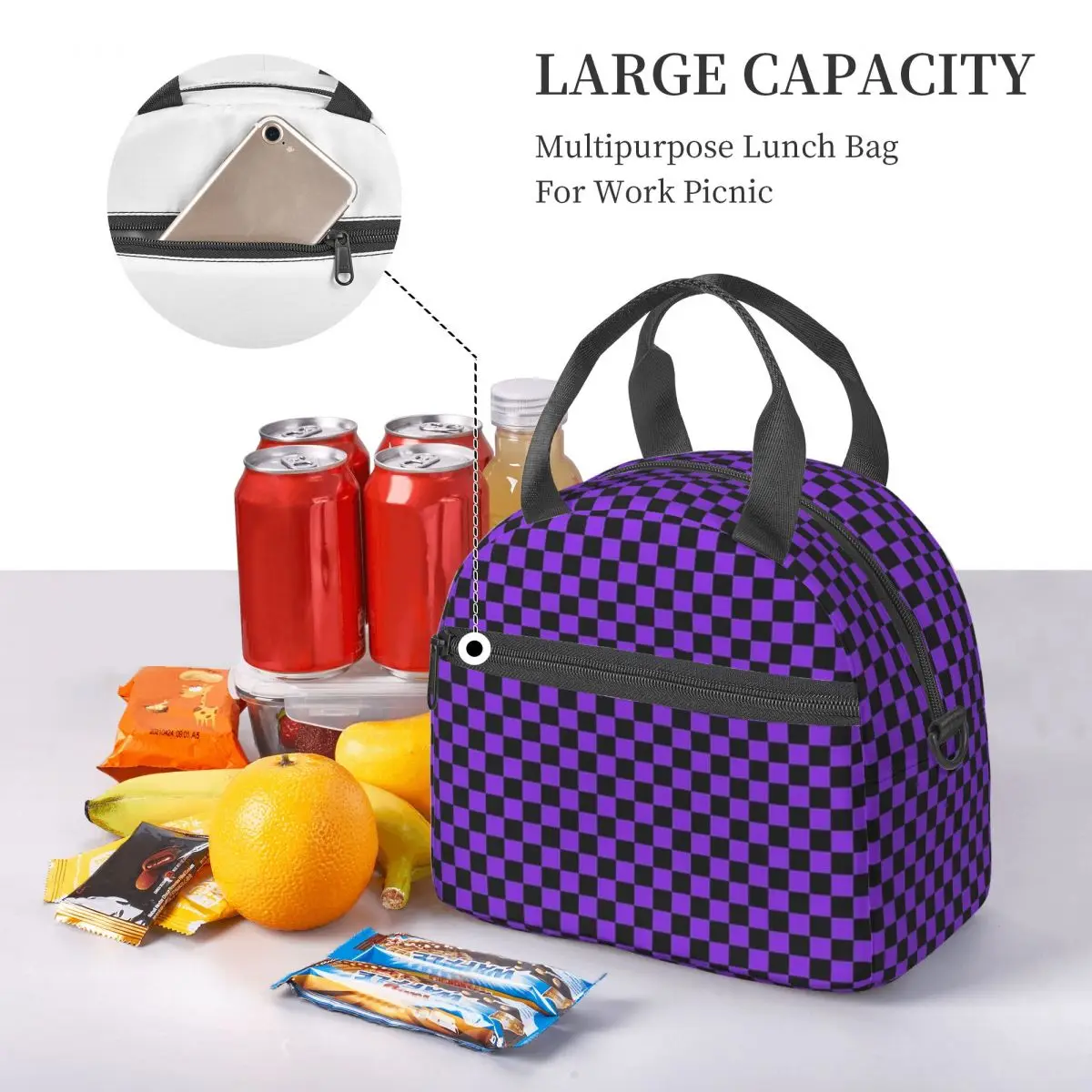 Proton Purple And Black Checker Board Insulated Lunch Bag for School Picnic Storage Food Boxes Portable Cooler Thermal Lunch Box