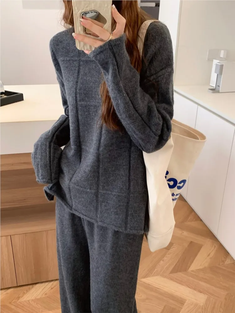 Autumn Winter Knitted Two Piece Set Tracksuit Pullover Women Loose Plaid Top Casual Pants Harajuku Warm Female Solid Clothes New