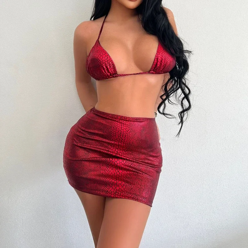 

Women Sexy Three Piece Beachwear Backless Bikini Set with Skirt Glitter Swimming Suit Glossy Swimsuit Bathing Suits Swimwear