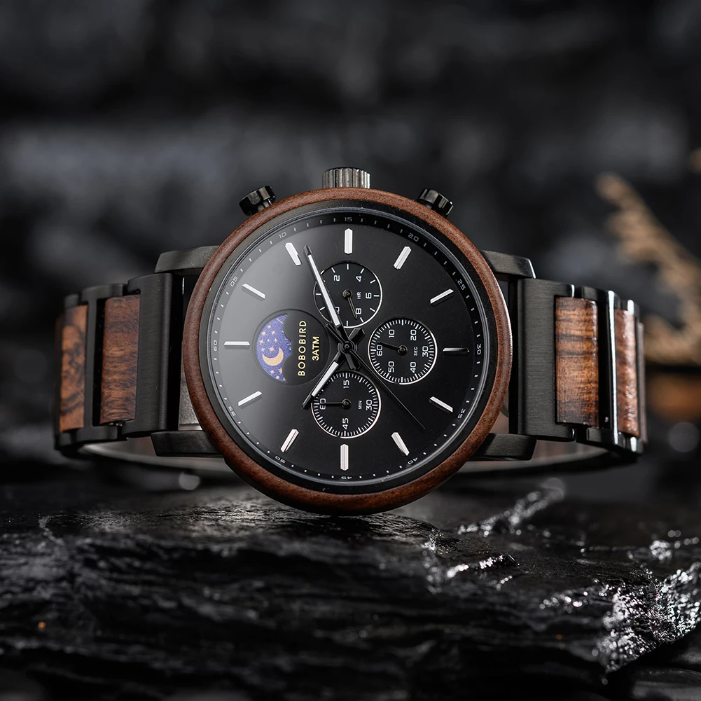 BOBO BIRD New 44mm Men\'s Watch Wooden Luxury Business Chronograph Quartz Watches Moon Phase Men Gift montre homme 2022