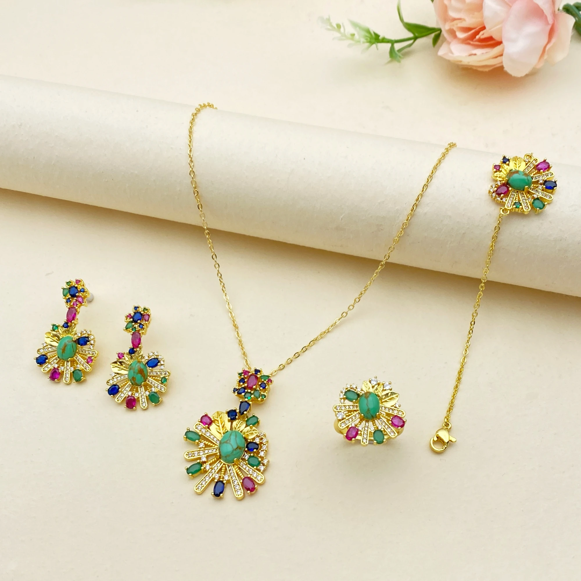 

Модный набор ювелирных украшений JRH из позолоченной меди для повседневной носки: колье, серьги, браслет и кольцо с кубическим цирконием для женщин и девушек