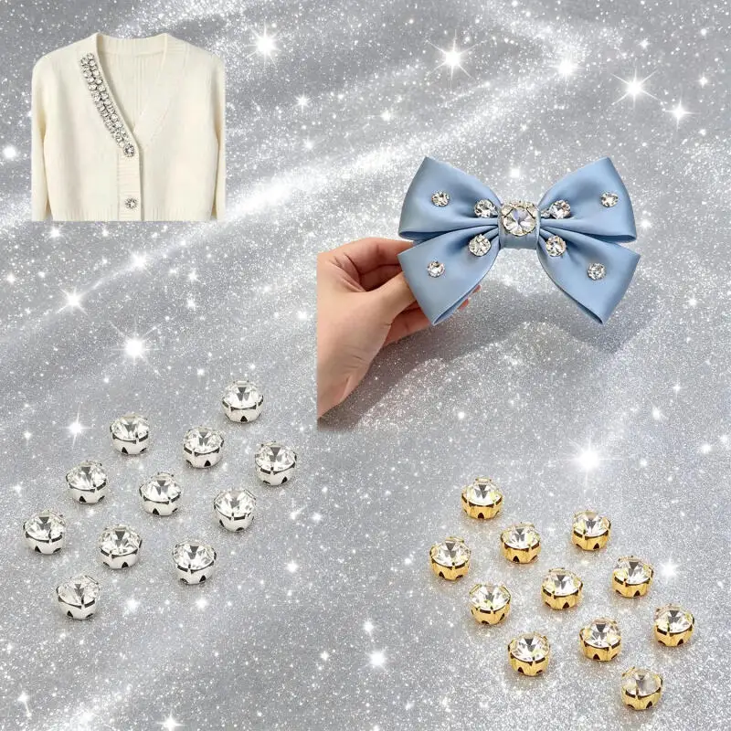 4/5/6/7/8/10mm Gold/Silber Krallenfassung Runde Strass-Steine, zum Nähen DIY Glas-Kristall für Kleidung und Hochzeitskleider – Detail 6