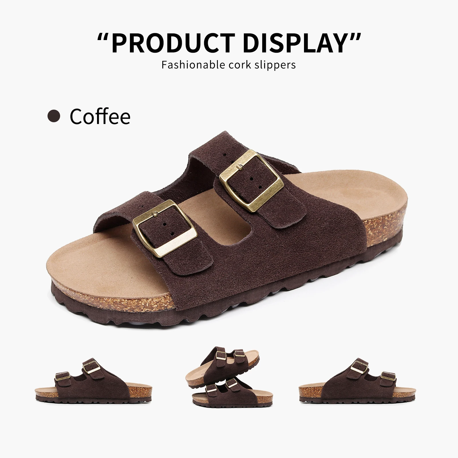 Birken Genuine Leather Women's Flat Slide Sandals - 2 Strap Design, Arch Support, Non-Slip, Cork Footbed, Slip-On Style