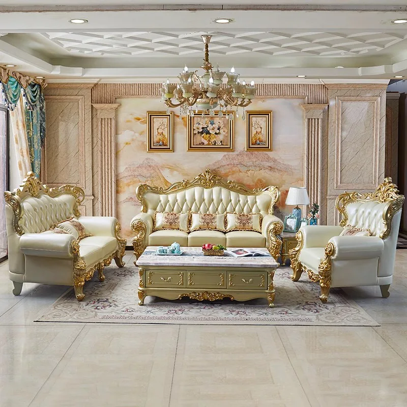 European Solid Wood Sofa Top Layer Leather 123 Combination High-end Champagne Villa Apartment Living Room Double-sided Carved Fu