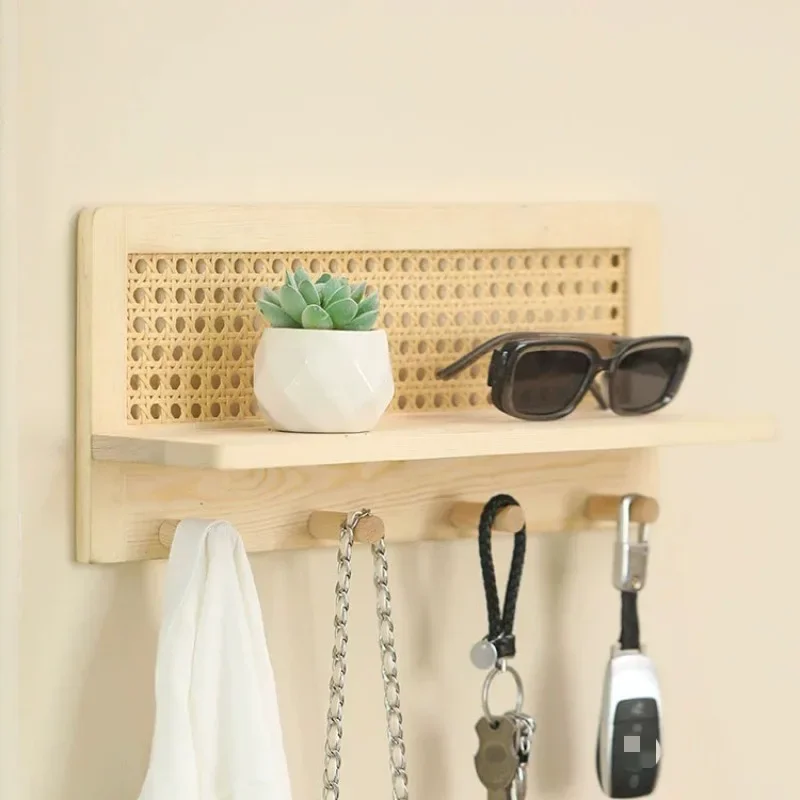 2025 Wooden Key Chain Entryway Storage Rack Rattan Decorative Shelf with 4 Hooks Home Decoration