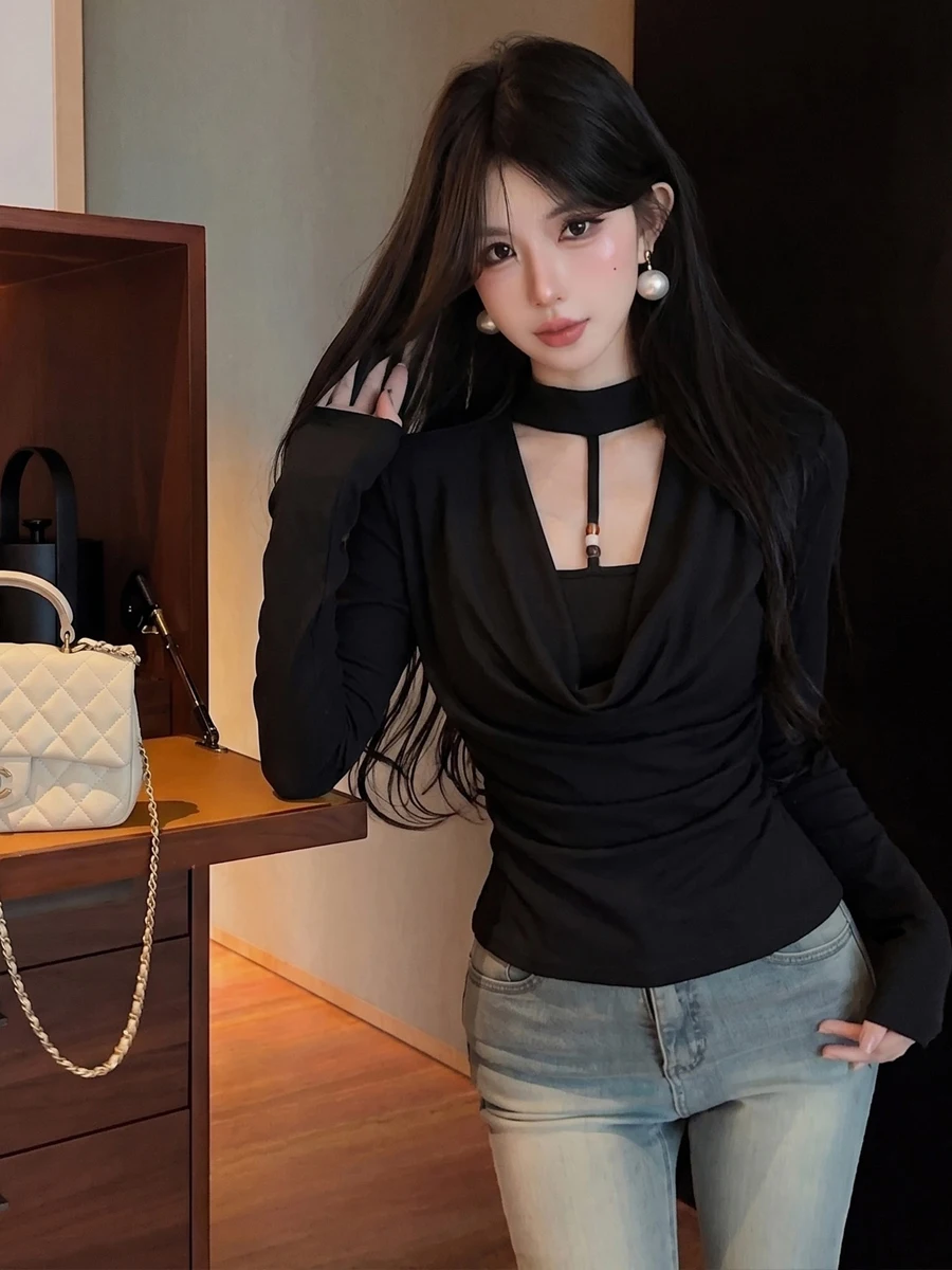 Autumn Winter Design Sense Gathered Collar Pleated Elegance Fake Two-Piece Long Sleeve Waist-Cinching T-Shirt Base Layer Pure...