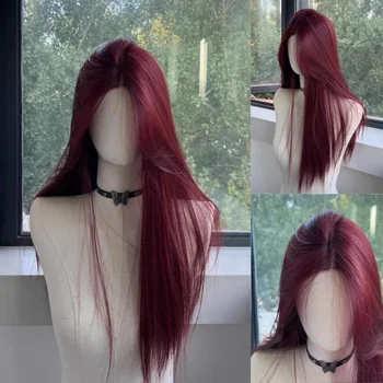 Peluca roja, peluca con malla frontal larga y recta para mujer, pelucas de encaje sintético natural para Cosplay, uso diario, pelucas con diadema resistentes al calor