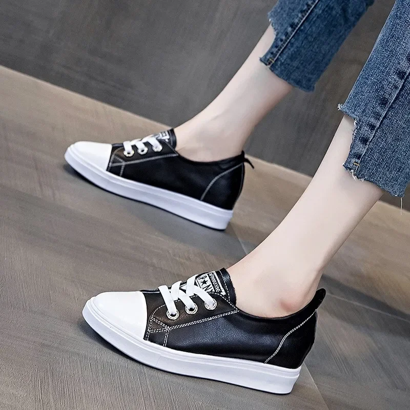 Fujin sepatu bot kulit asli, Sneaker Wedge Platform sepeda motor Musim Semi dan Gugur bahan kulit asli ukuran 5cm