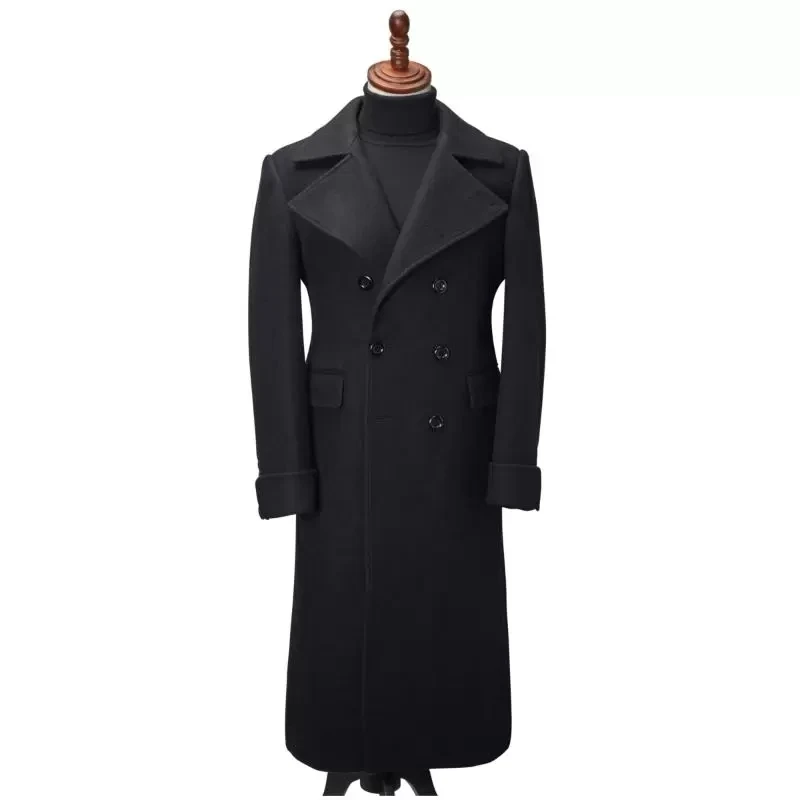 Black Men Suit Overcoat Long Winter Woolen Jacket Formal Double Breasted Thick Custom Made King Coat Office Business Outfit