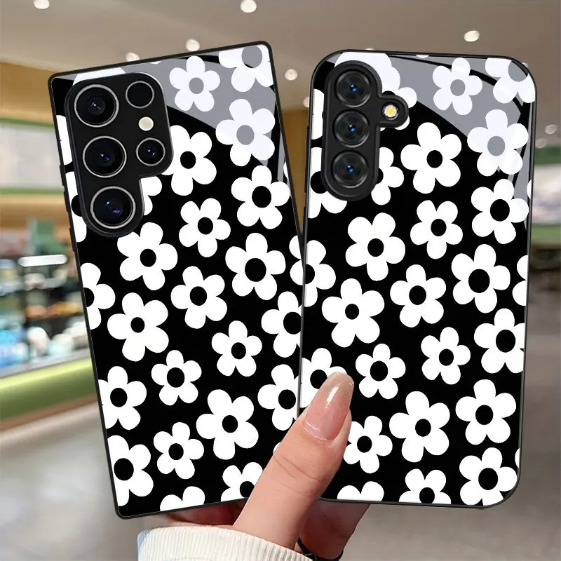 Tempered glass Mobile Phone Case for Samsung Galaxy S26 S25 FE S24 Plus S23 Ultra S22 S21 5G A56 A52 Black & white flower cover