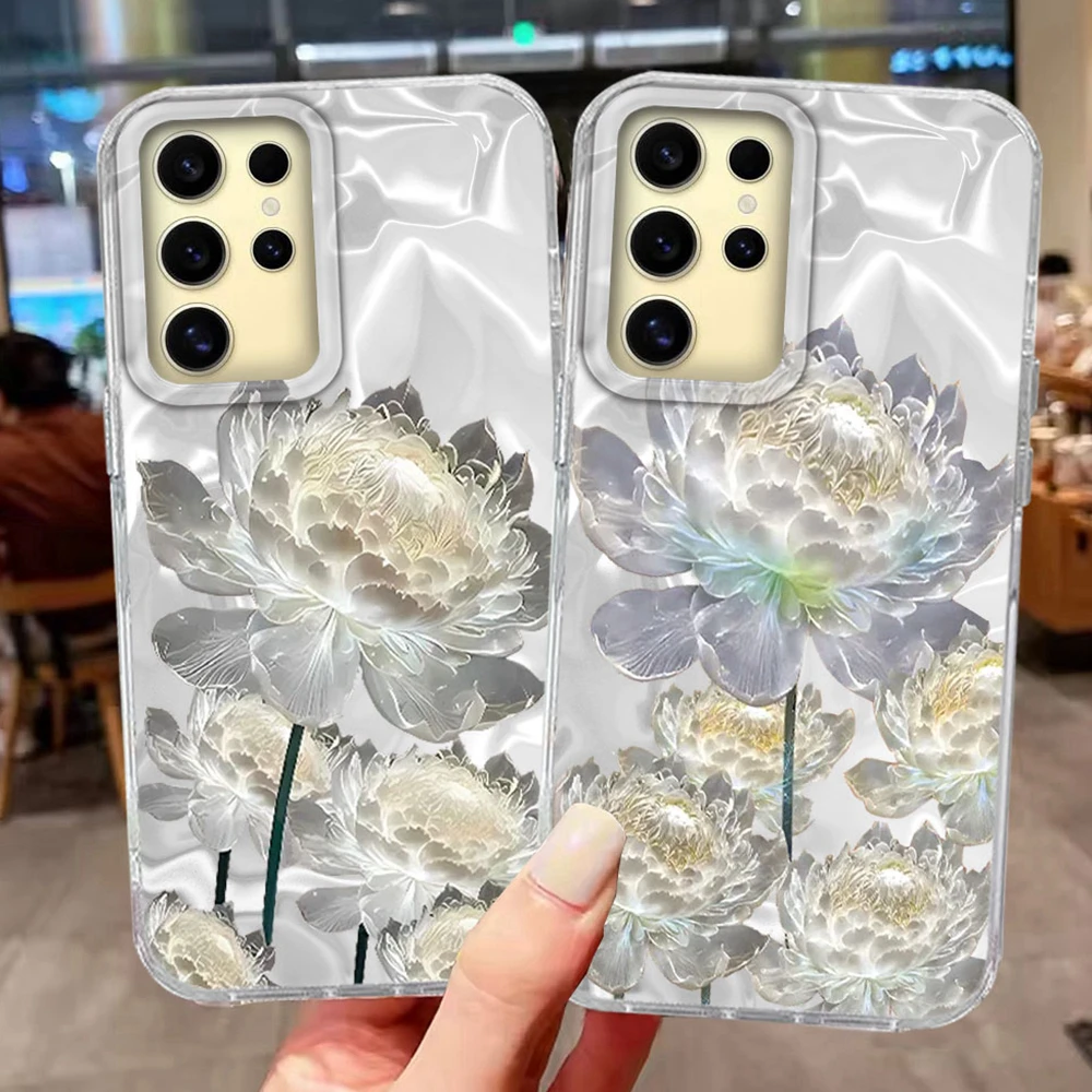 Blumen INS Mädchen Luxus-Print Damen Handyhülle für Samsung Galaxy S26 S25 S24 S22 S23 S21 Plus S20 FE Ultra 4G Weißer Lotus Schutzhülle