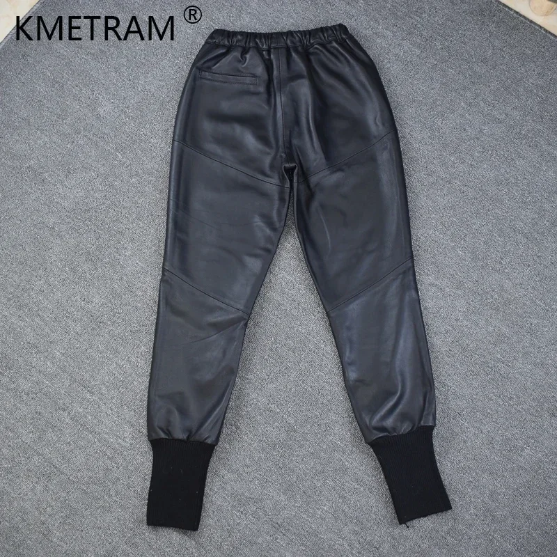 Autumn winter fashion drawstring Genuine sheep leather pants female elastic waist casual leather harem trousers for women