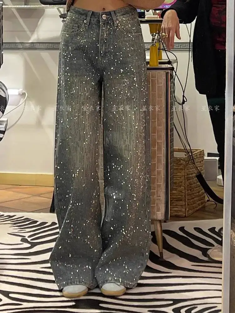 

2025 New! Women's American Retro Heavyweight Jeans Starry Sky Rhinestone Patchwork Sparkly Design Hot Girl Style