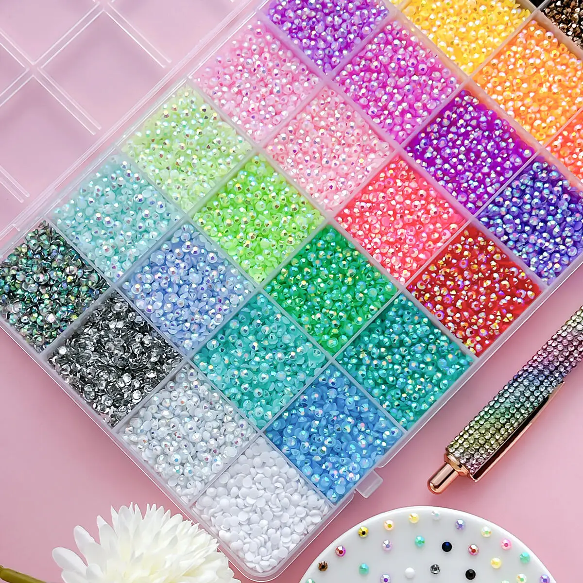 1Box AB Bling Colorful Nail Rhinestones Bedazzling Kit 28 Colors-3mm Flatback Semi-circular Nail Art Accessories DIY Nails Parts