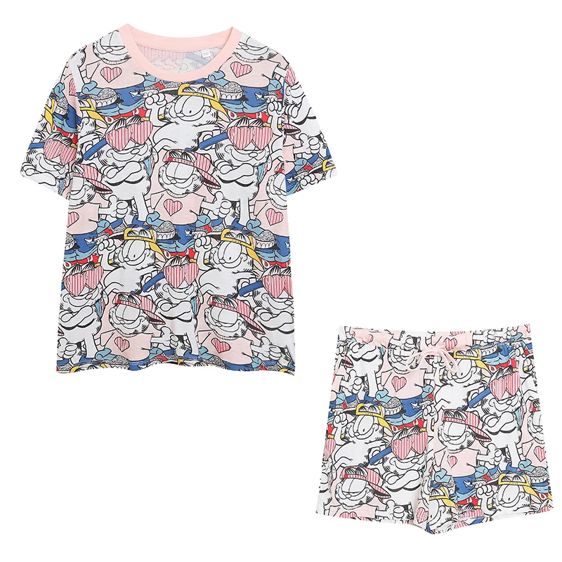 Cute Cartoon Short Sleeve T-Shirt Home Clothes Set with Side Pocket Women's Sweet Style Summer Casual Cotton Blend Shorts