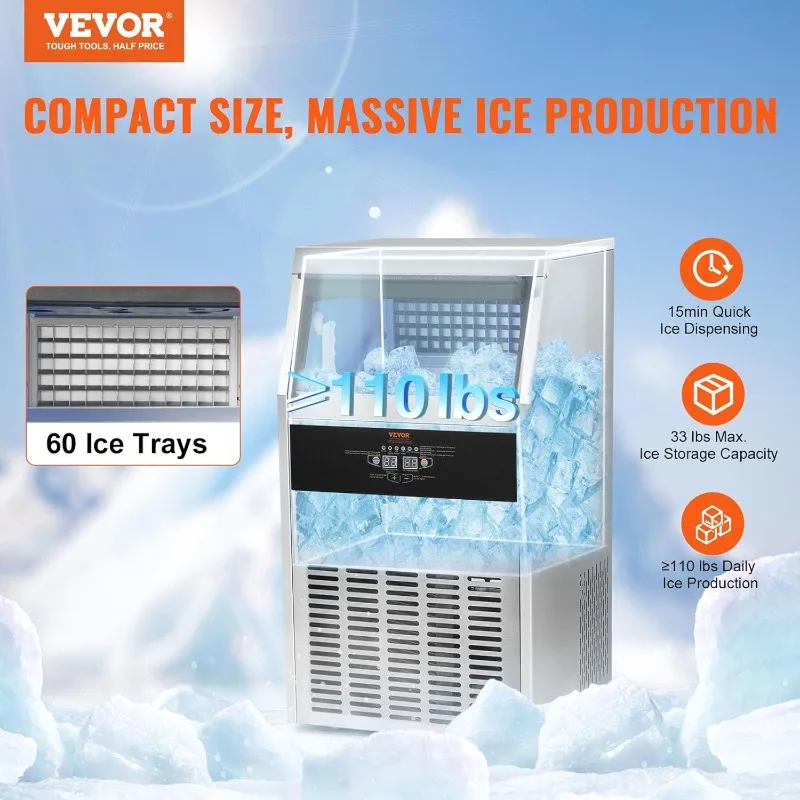 VEVOR Commercial Ice Maker Machine, 120LBS/24H with 33LBS Bin and Electric Water Drain Pump