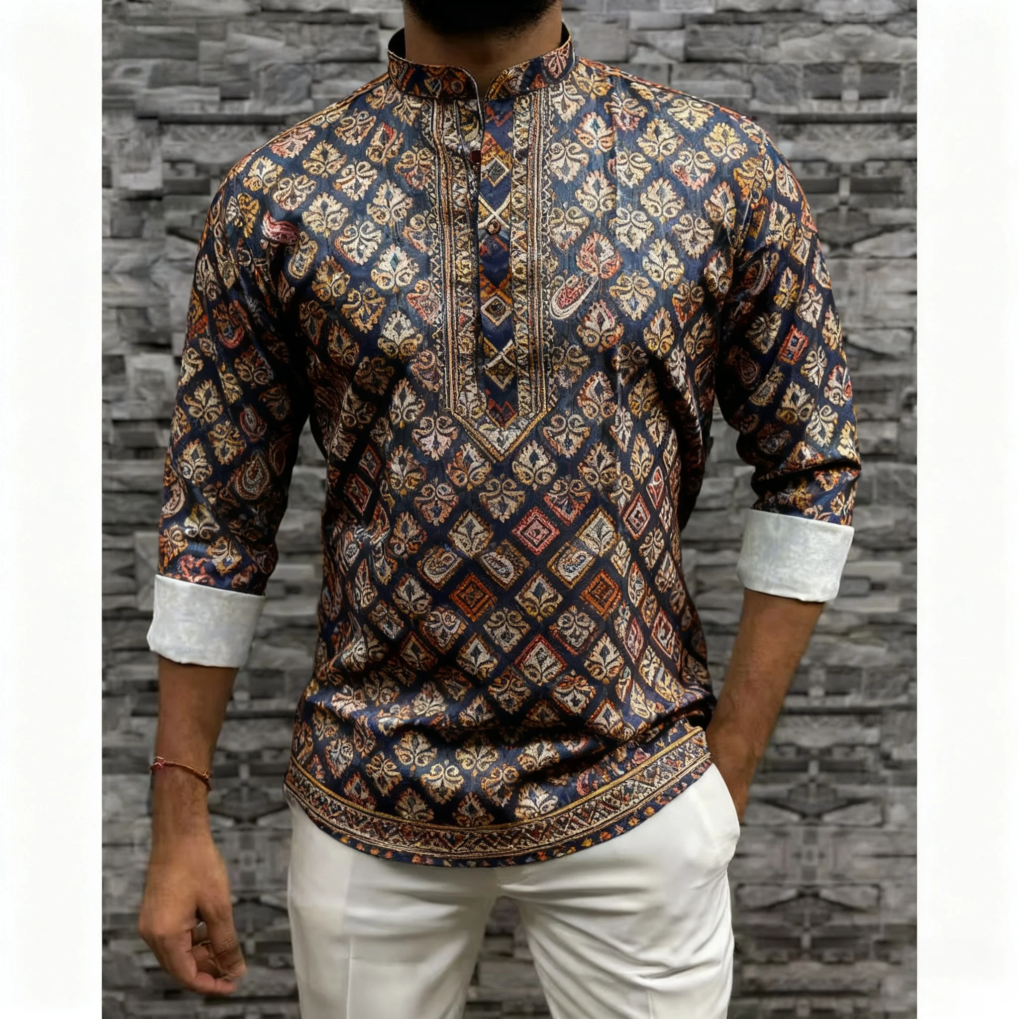 عباية عربية إسلامية فاخرة غير رسمية لعام 2026 على الطراز الوطني مطبوعة عرقية وياقة واقفة قميص شبابي بأكمام طويلة Camisa Arabe Hombre