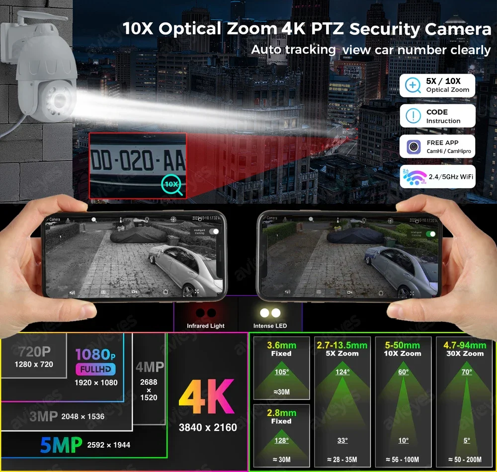 4K 10X 5X Optical Zoom WiFi PTZ Camera Outdoor 8MP 5MP Auto Tracks AI. Detect Dome IP Cameras Spotlight Siren Alarm Security Cam