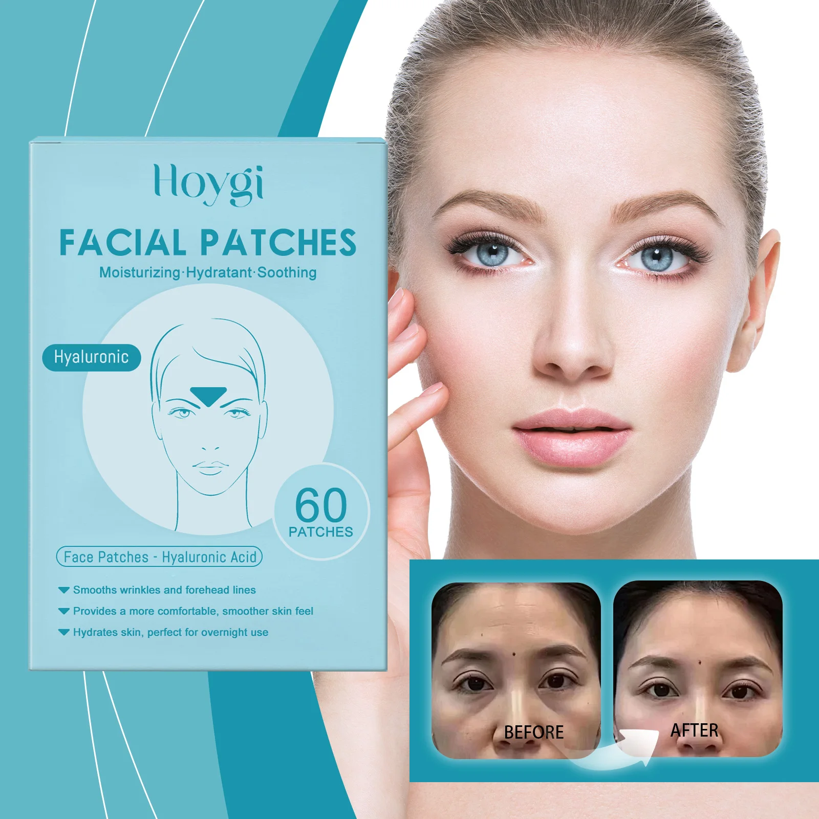 Hyaluronic Acid Facial Patches - 60 Pcs Moisturizing Face Patches, Smooth Wrinkles & Forehead Lines, Overnight Hydrating