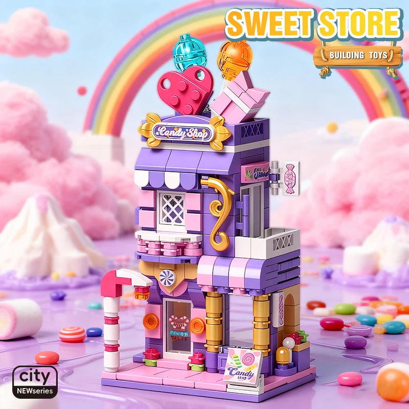 Stad Bouwstenen Snoep Winkel Peperkoek Huis Model Set Desktop Decor Kinderen DIY Speelgoed Kerst Verjaardagscadeau
