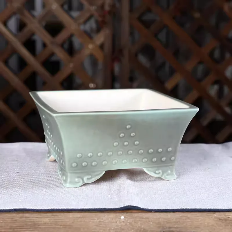 Porcelain Green Square Bonsai Pot, Chinese Pattern, Room, Home Table, Desk, Garden Decoration