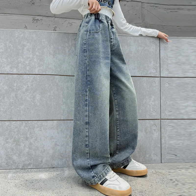 Girl\'s Denim Wide Leg Pants Spring and Autumn Jeans 2024 New Trendy Stylish Children\'s loose Pockets Slimming Straight leg Pants