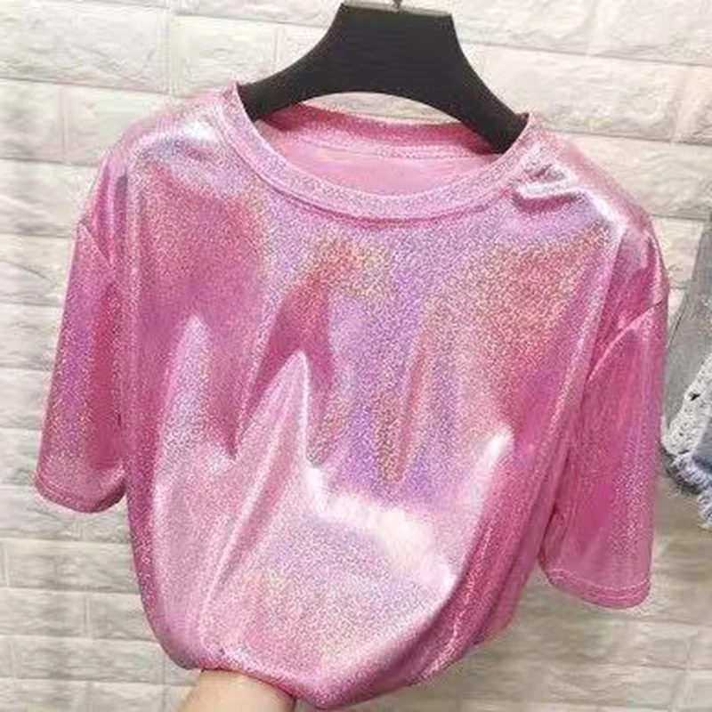 Shiny Clothing O-neck T-shirt Sparkling Reflective Short Sleeved Thin Jazz Dance Crop Top Woman Spring Summer Pink Casual New