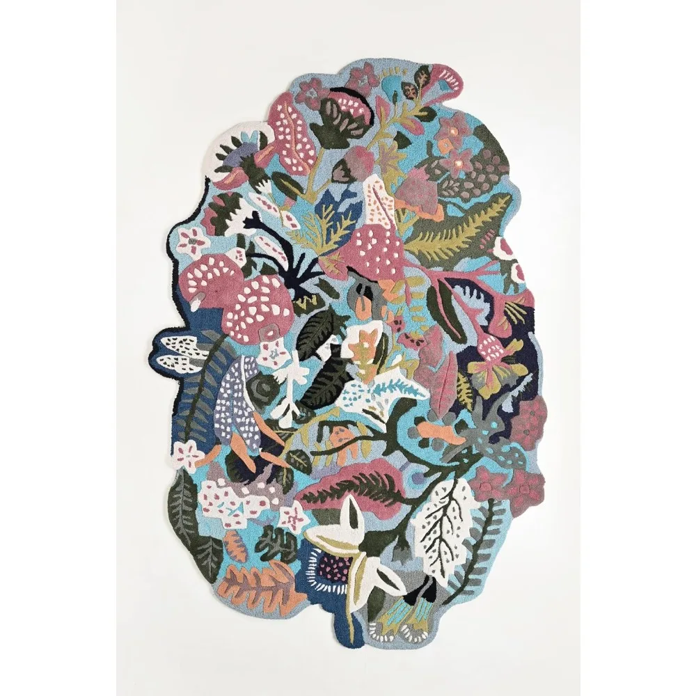 

Handmade Floral Wool Area Rug - Irregular Oval Shape, Colorful Botanical Pattern with Leaves and Flowers, Soft, Durable & Thick