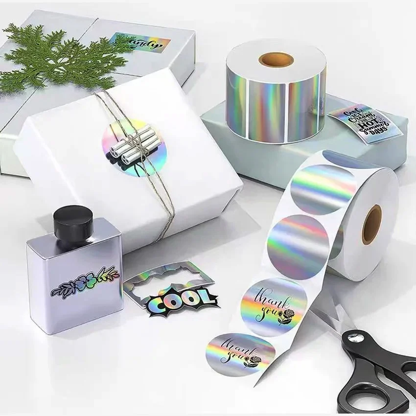 Holographic silver thermal labels 30 40 50 blank printable thermal laser self-adhesive labels color circular thank-you stickers