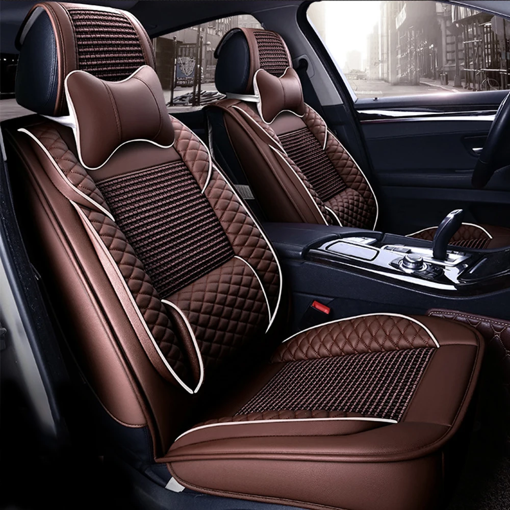 5-seater luxurious coffee colored universal seat covers including standard waterproof headrests and lumbar pillows Ice silk