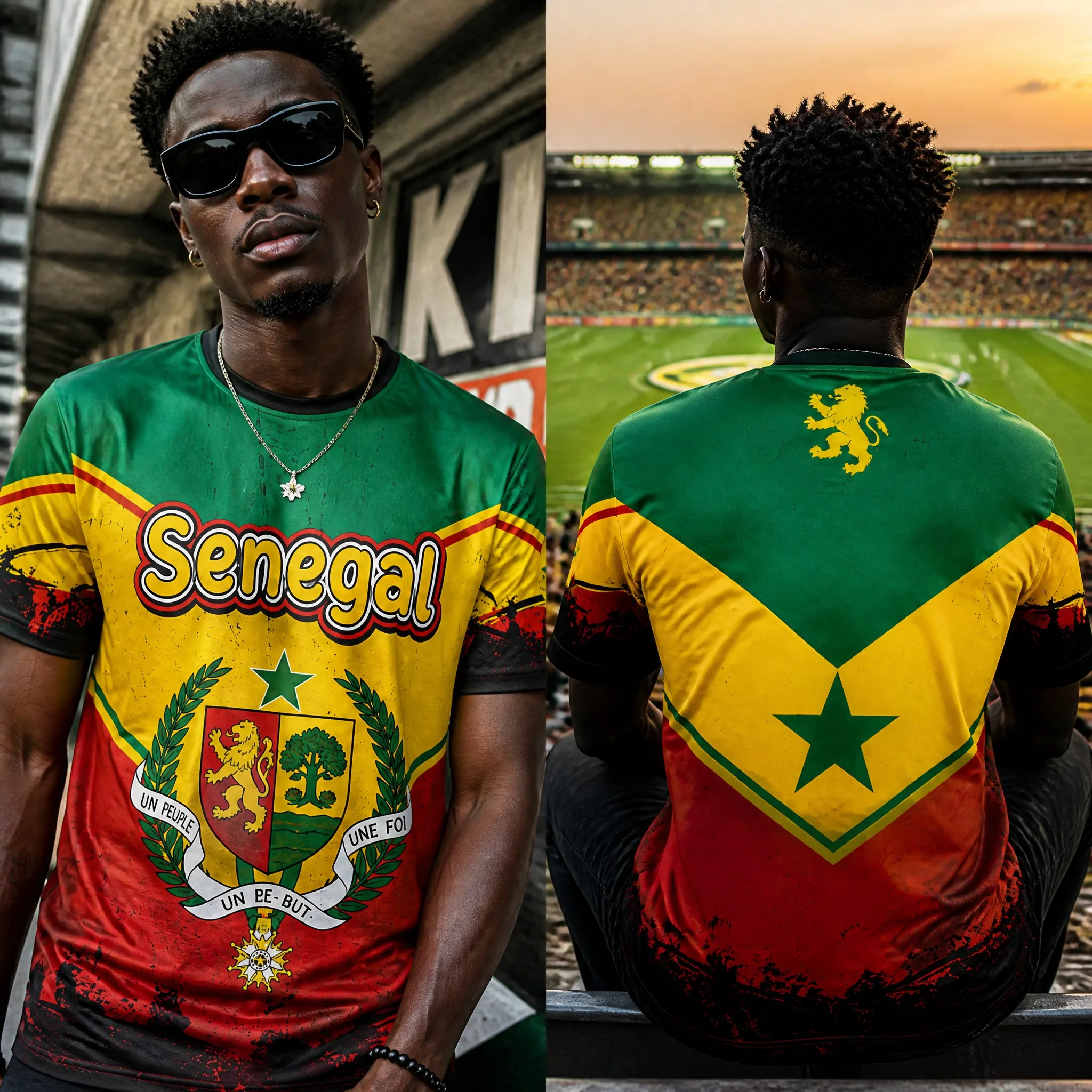 Senegal Mens Vertical Flag Graphic Tee Lion Back Shirt Short Sleeve Football Fan Top Street Stadium Casual Outfit Wear Fan Style