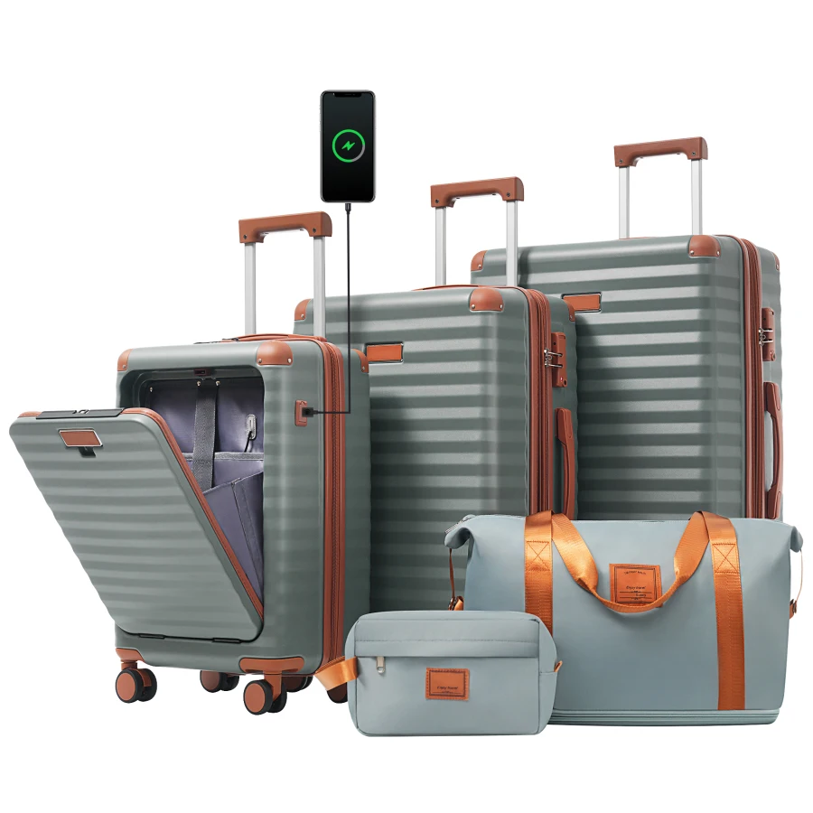 

Luggage Sets 5 Piece for Travel: Hardside Expandable Carry-on with Front Opening, Black Polycarbonate, TSA Lock, USB Port, Cup