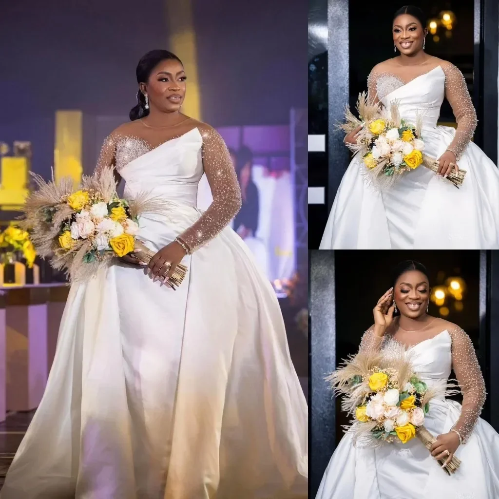 Customize Overskirt Wedding Dresses Custom Detachable Train Beaded Bridal Gowns Long Sleeves Sheer Bateau Neckline Sequined Sati
