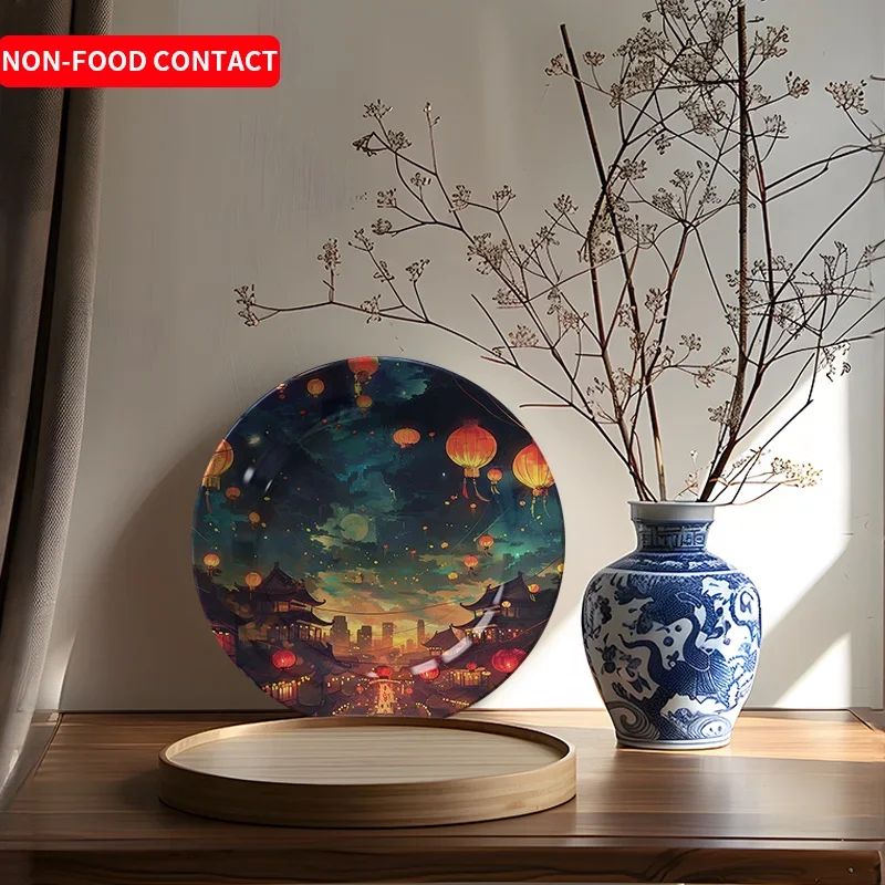 1pc Cityscape Ceramic Decorative Plate - Chinese Lanterns & Urban Night Sky Art, Non-Food Contact Home Decor for Living Room,
