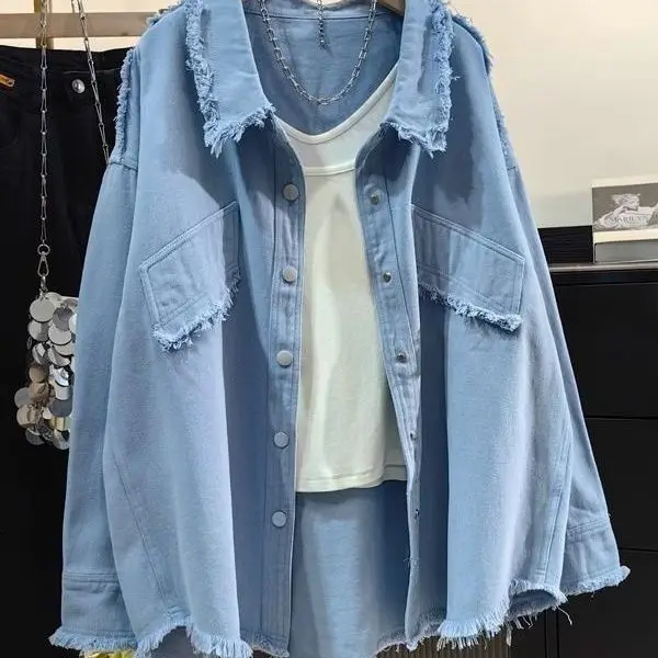 Raw edge denim shirt jacket 2025 spring and autumn new Korean version casual loose design top