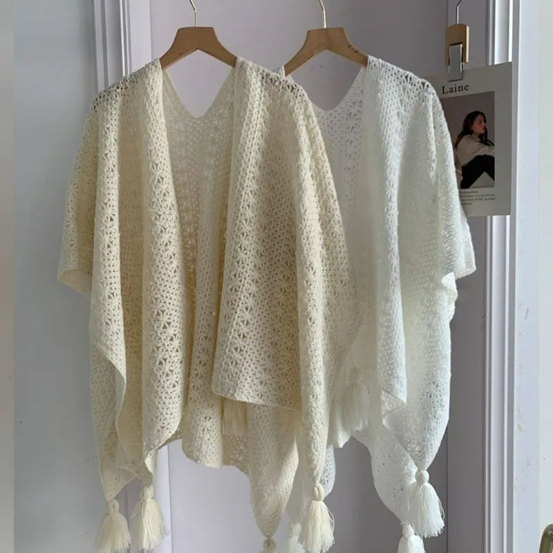 2025 Spring New Mori Girl Style Solid Color Versatile Knitted Shawl Female Simple Versatile Commuter Cape Cloak Coat Tide Top