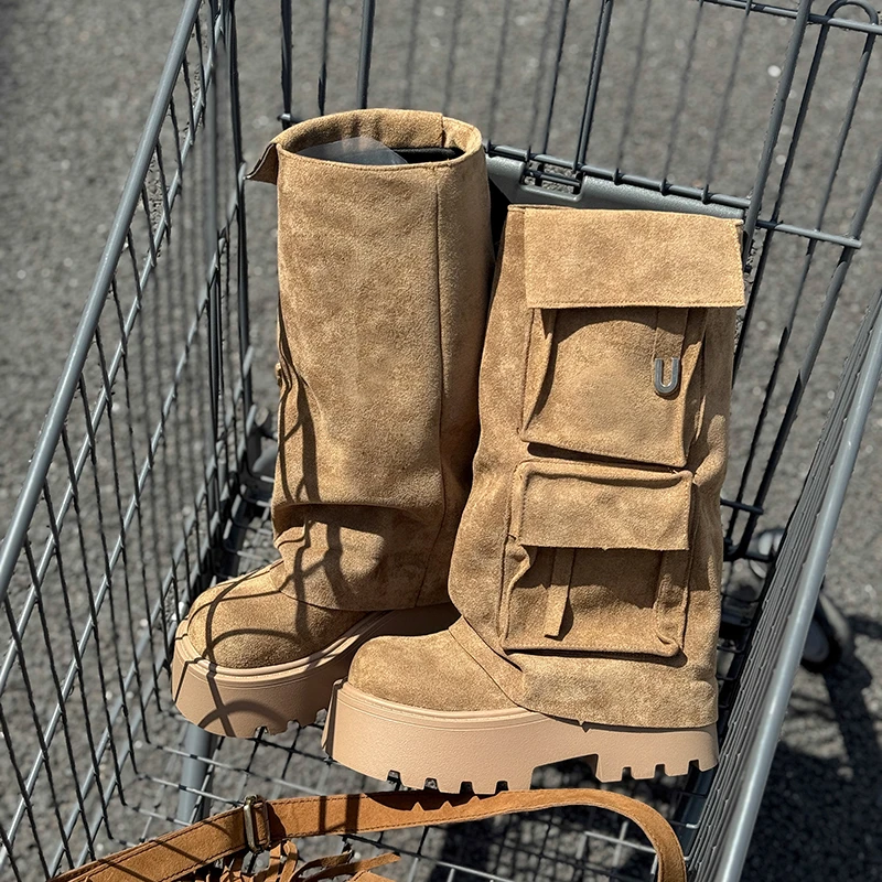 Platform Pocket Cargo Pants Tube Boots Women 2025 Fall New Large Tall Boots Retro Heightened