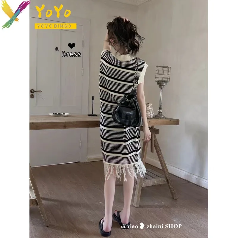 Fashion Casual Loose Striped Knitted Tassel Sleeveless Vest Dress 2024 Elegant Slim Bodycon Office Sweater Women Dress