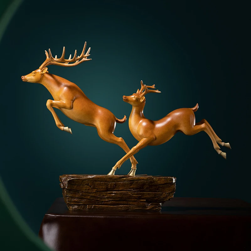 Lage TOP grade Good LUCK Auspicious brass Sculpture Home office Decor ART FU LU SHOU Deers statue BRASS Hand engraving art