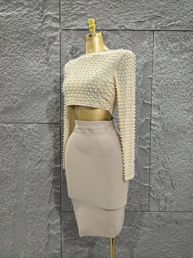 Haute qualité femmes à manches longues Sexy perles 2 pièces moulante pansement Mini robe discothèque fête célébrer tenue de mode