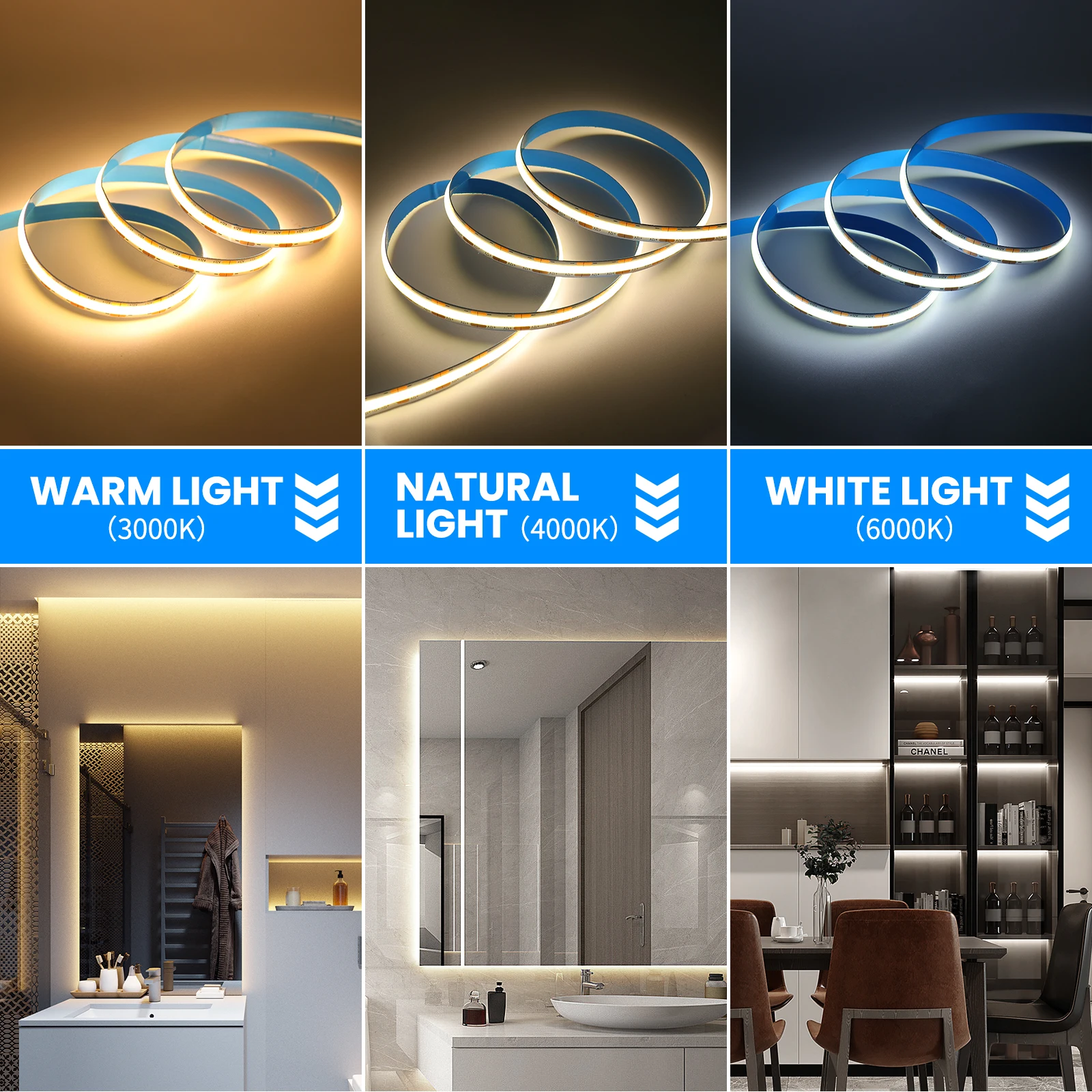 DC12V/24V 8mm COB LED Strip High Density 528 LEDs/m High Brightness Flexible Linear Light Bar Warm Natural White Room Decor