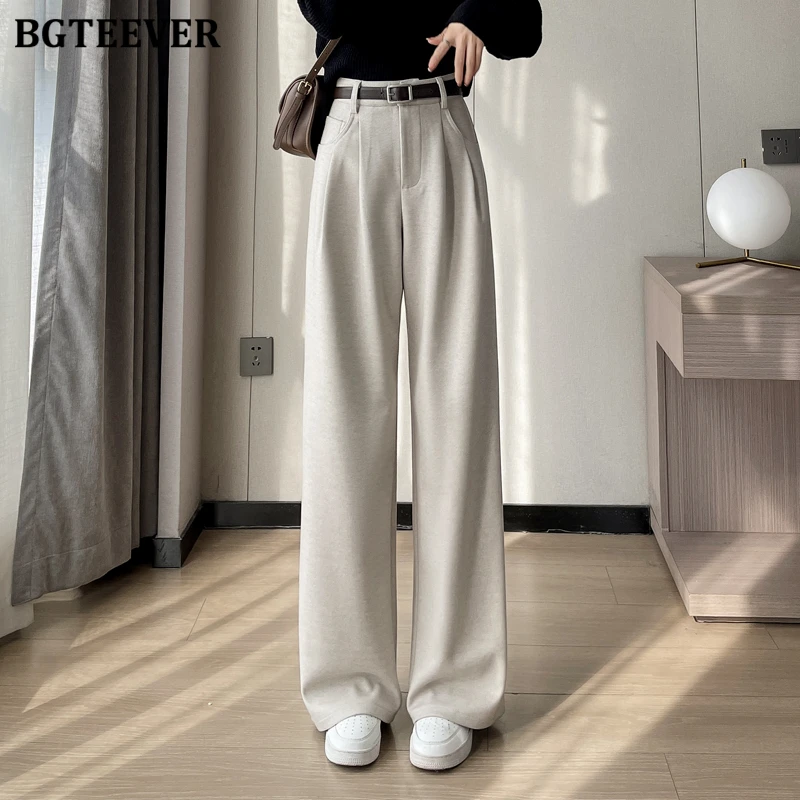 

BGTEEVER Vintage Loose Pockets Wide Leg Woolen Pants for Women Elegant High Waist Winter Thicken Warm Ladies Straight Trousers